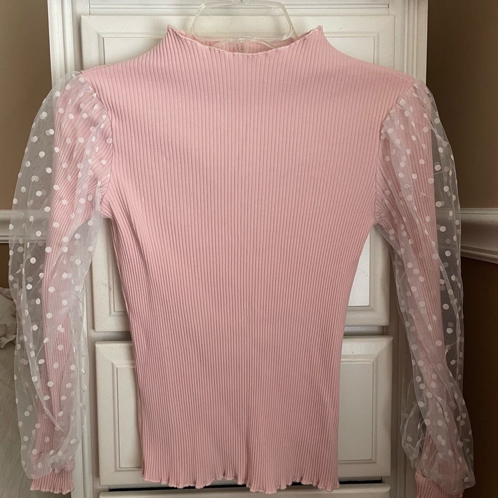 SHEIN Pink Ribbed Blouse with Sheer Polka Dot Sleeves
